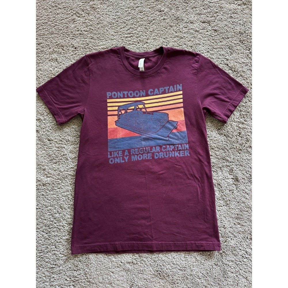 Hanes Pontoon Captain Funny Graphic T-Shirt Men’s M Maroon Lake Boat Drinking T